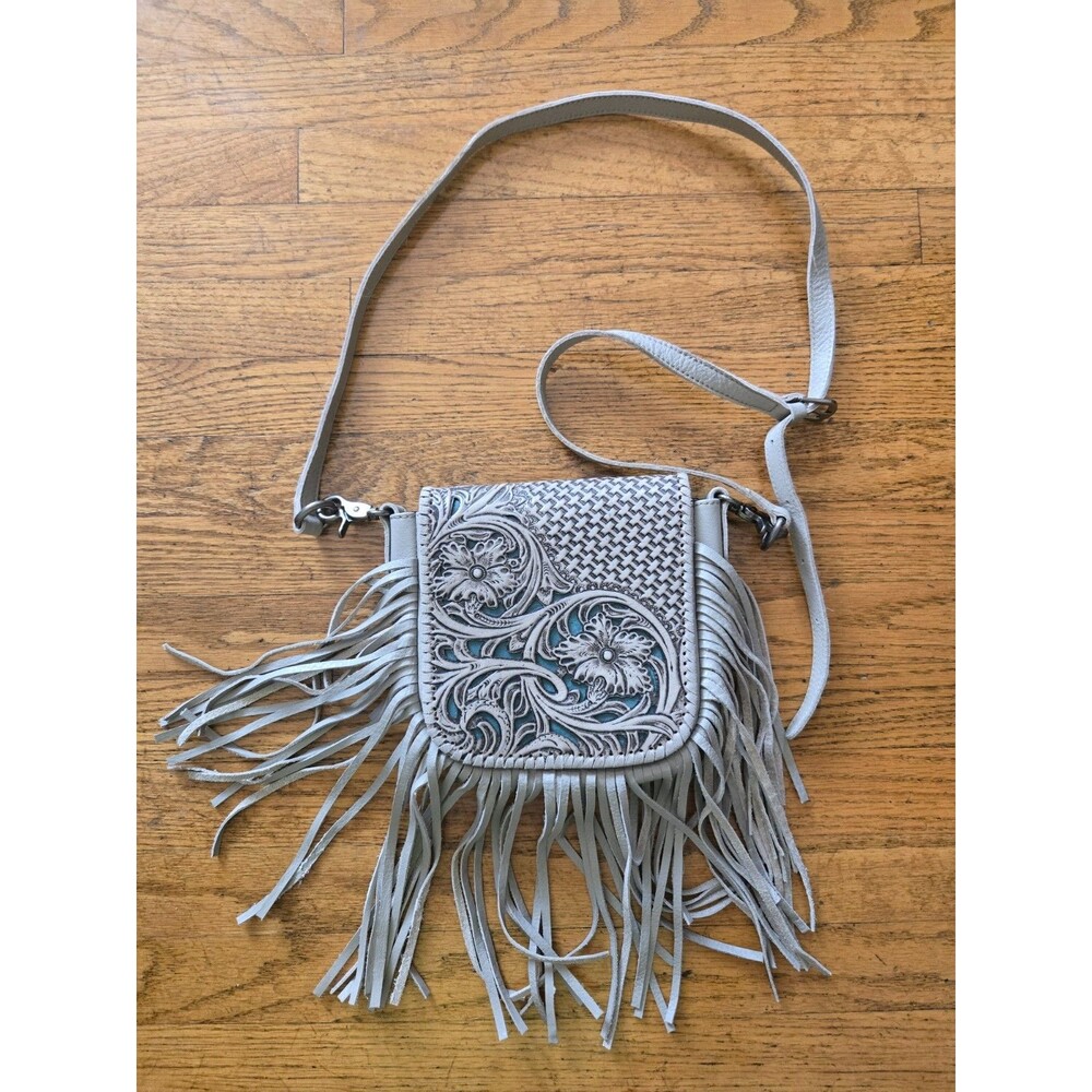 Montana West Genuine Leather Floral Tooled Fringe Crossbody Purse